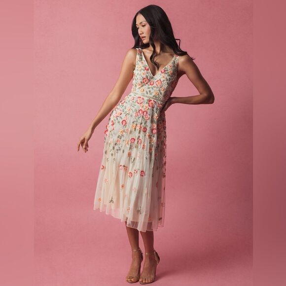 Mac Duggal 5527 Cream V-Neck Sleeveless Midi Floral Beaded A-line Dress $598 - Picture 2 of 15